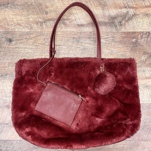 Burgundy Faux Sherpa Shoulder Bag with Wristlet and Cute Faux Sherpa Keychain